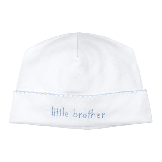 Magnolia Baby Little Brother embroidered baby hat with soft fabric and cute stitched lettering, designed for infants.
