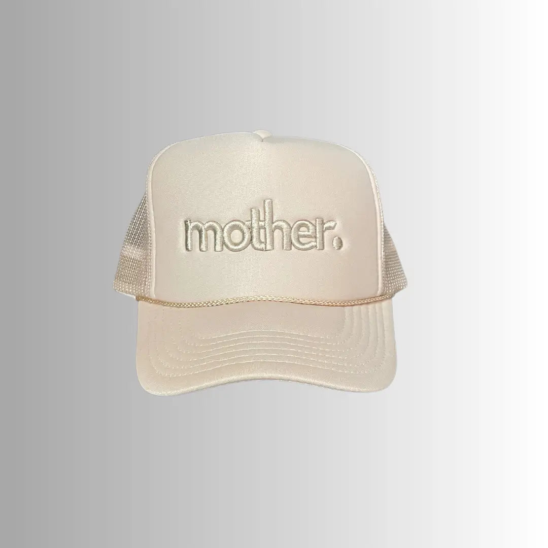 Mother embroidered trucker hat in sandy beige with colorful stitched floral design, casual and stylish headwear
