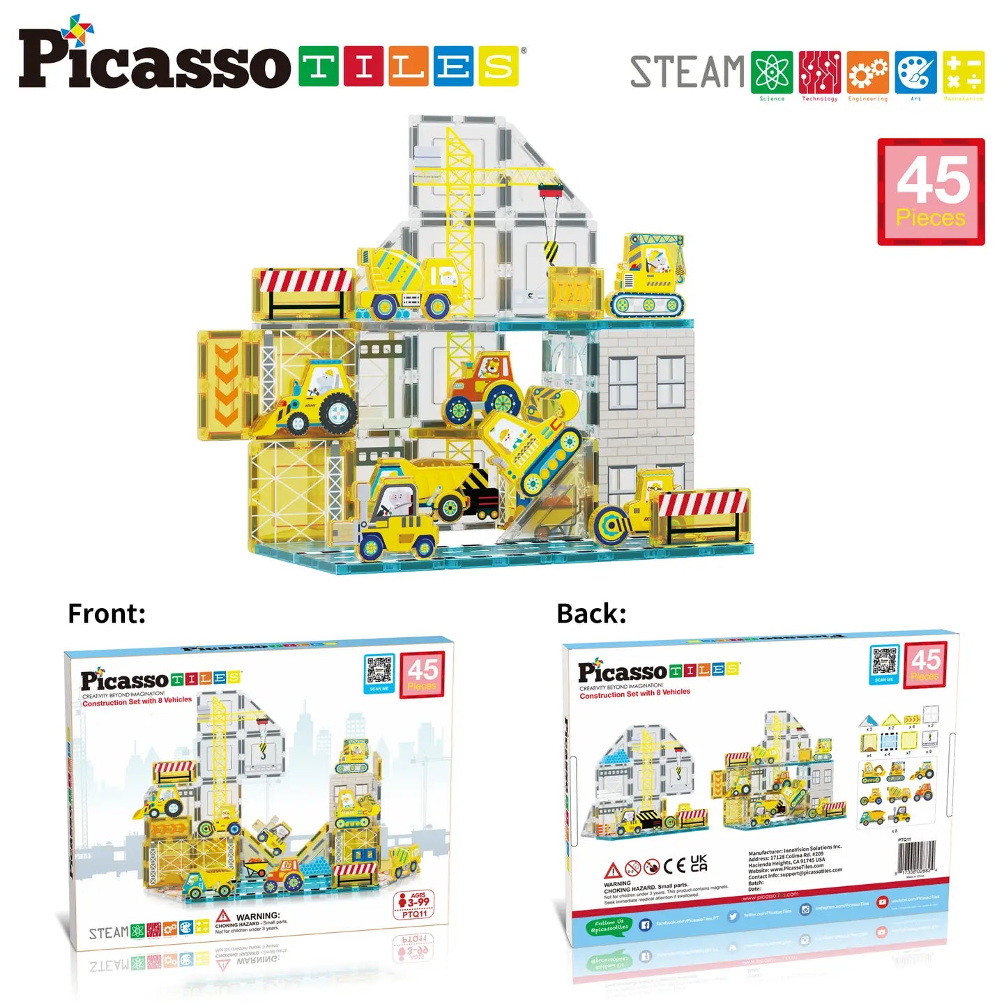 Magnet Tile Building Block Set with 8 Construction Vehicles