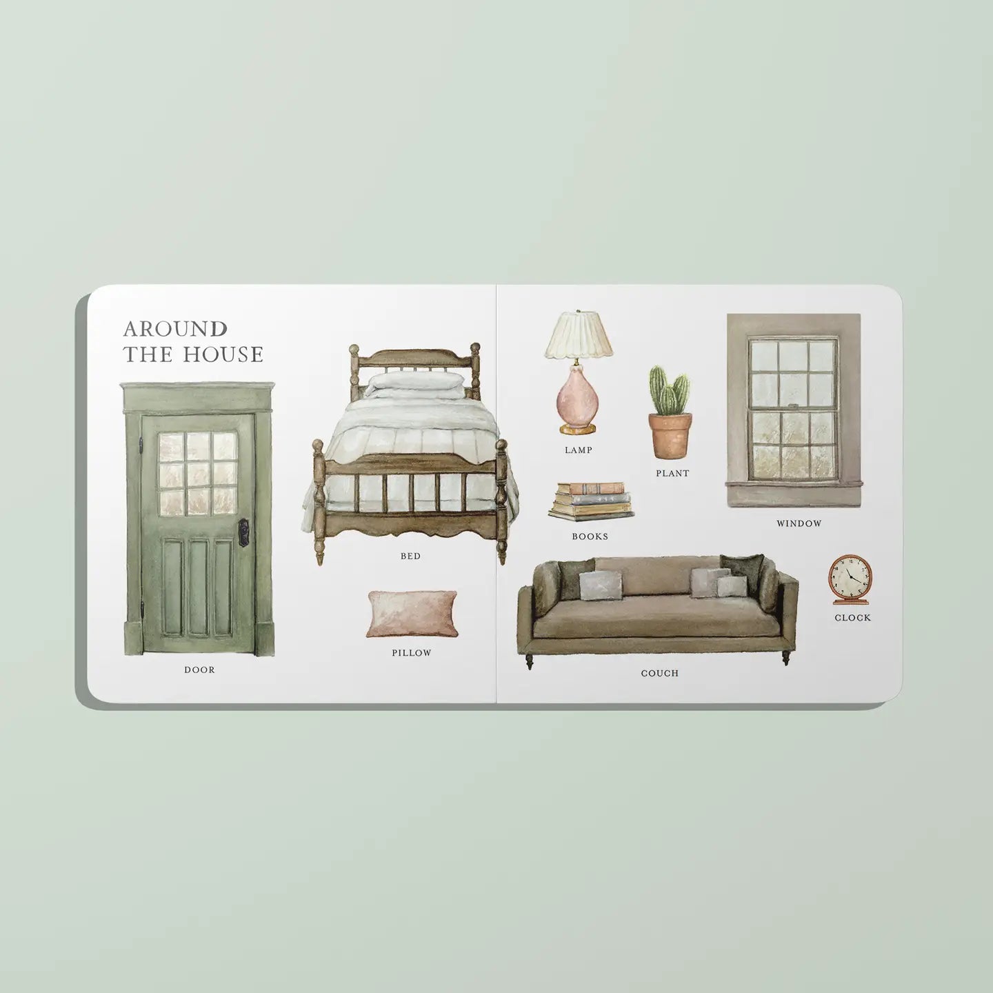 Picture of "Our Big Book of First Words" board book by Paige Tate & Co., showing colorful illustrated pages for early learning.