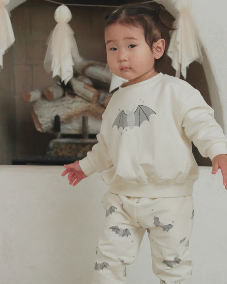 Baby Bats relaxed fleece sweatshirt by Quincy Mae, soft navy blue sweatshirt with bat applique for infants and toddlers.