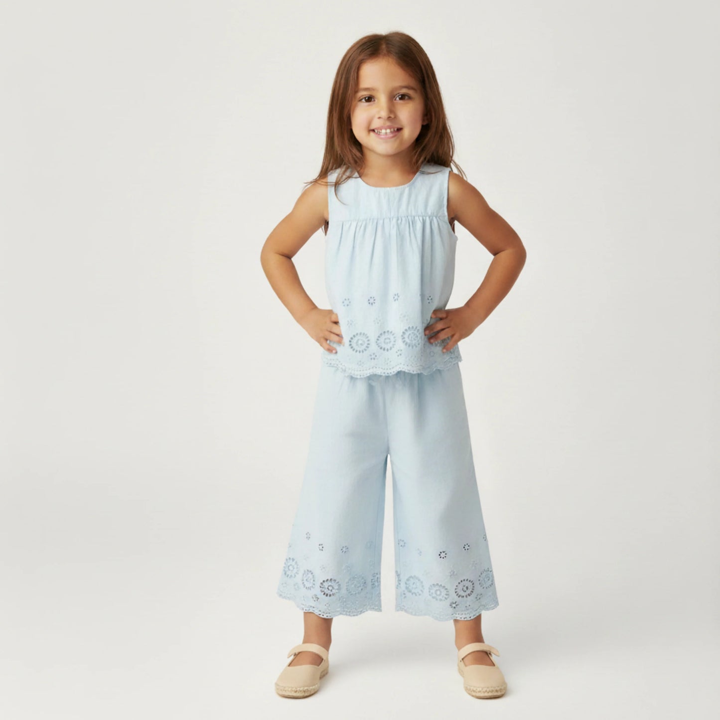 Light Blue Eyelet Organic Eyelet Top And Pant Set
