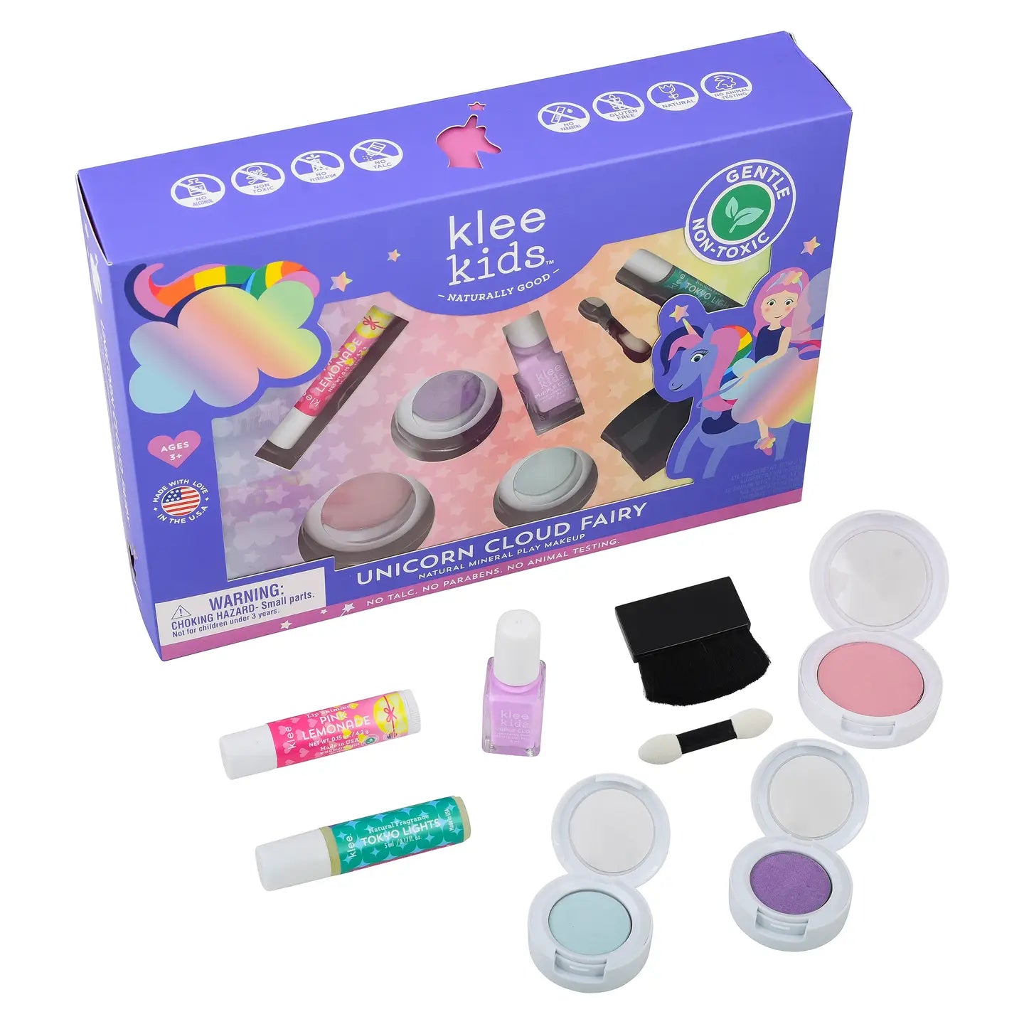 Klee Kids Unicorn Cloud Fairy Deluxe Makeup Kit with colorful makeup brushes, powders, and unicorn-themed accessories for children.
