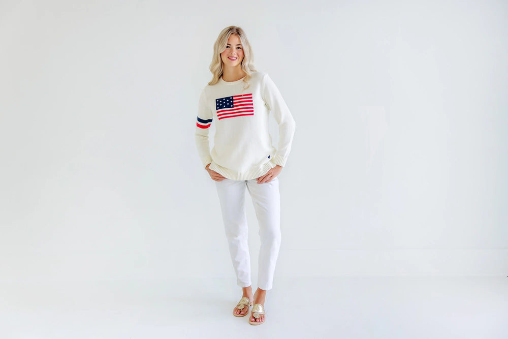 The Beaufort Bonnet Company - Women's Cissy Intarsia Sweater Palmetto Pearl with American Flag