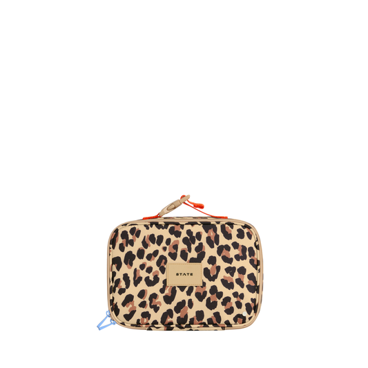 Leopard Rodgers lunch box by State Bags featuring a leopard print pattern and a sturdy, compact design for on-the-go meals.
