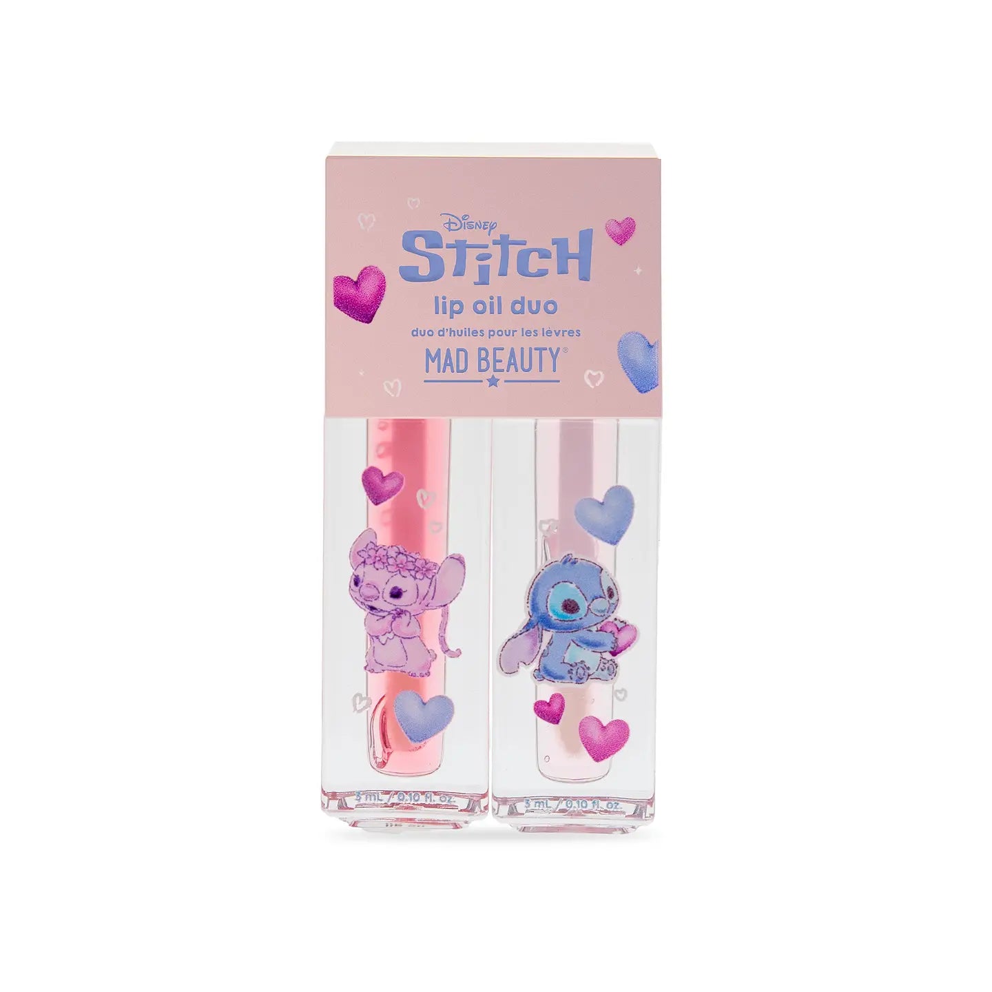 Mad Beauty I Heart Stitch Lip Oil Duo with two clear tubes containing nourishing lip oils and stitched heart design on the packaging