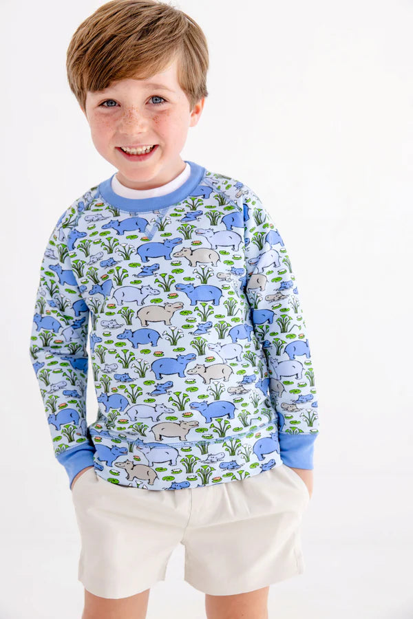Bal Harbour Hippo Cassidy comfy crewneck by The Beaufort Bonnet Company featuring a cozy, casual design with a hippo graphic.