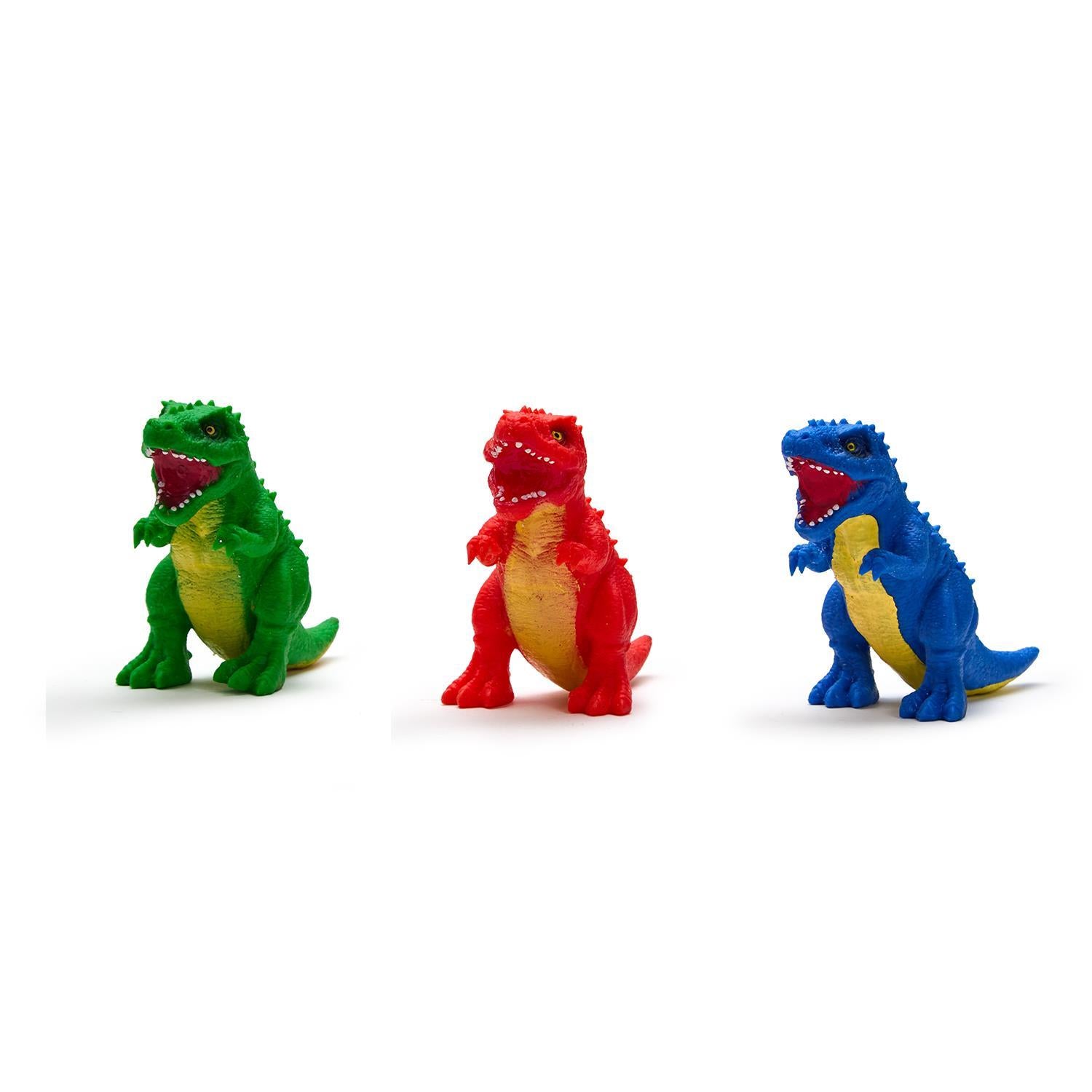 T-Rex Stretch & Mold Dinosaur toy from Twos Company, showing flexible dinosaur figure with textured green skin and detailed features.