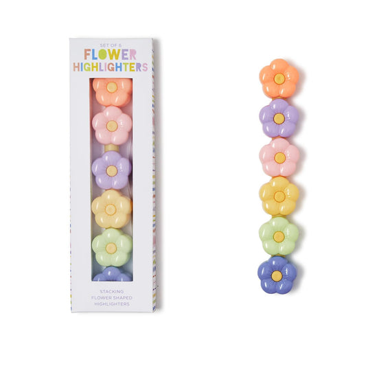 Stackable Flower Power highlighters by Twos Company in vibrant colors, featuring floral designs and ergonomic shapes for easy use.
