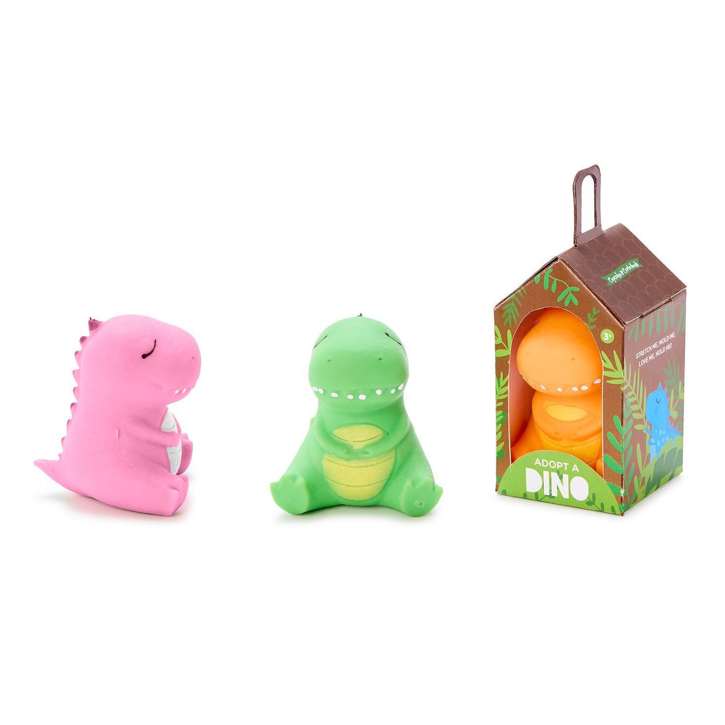 Colorful Adopt a Dino Stretch and Mold Dinosaur toy by Twos Company, showcasing flexible, soft dinosaur figure for kids.