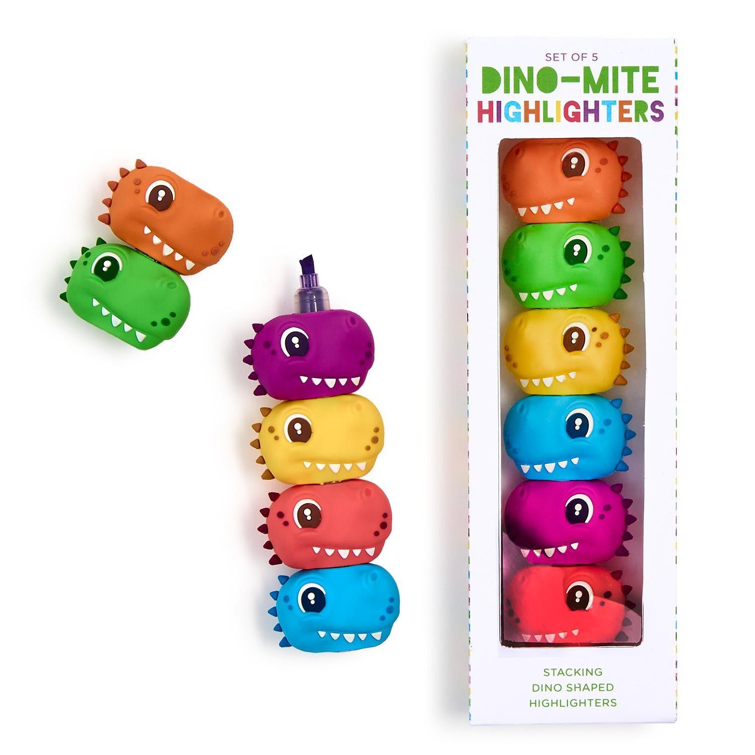 Colorful Dino-mite Stackable Dinosaur Highlighters by Two's Company arranged in a row on a white background