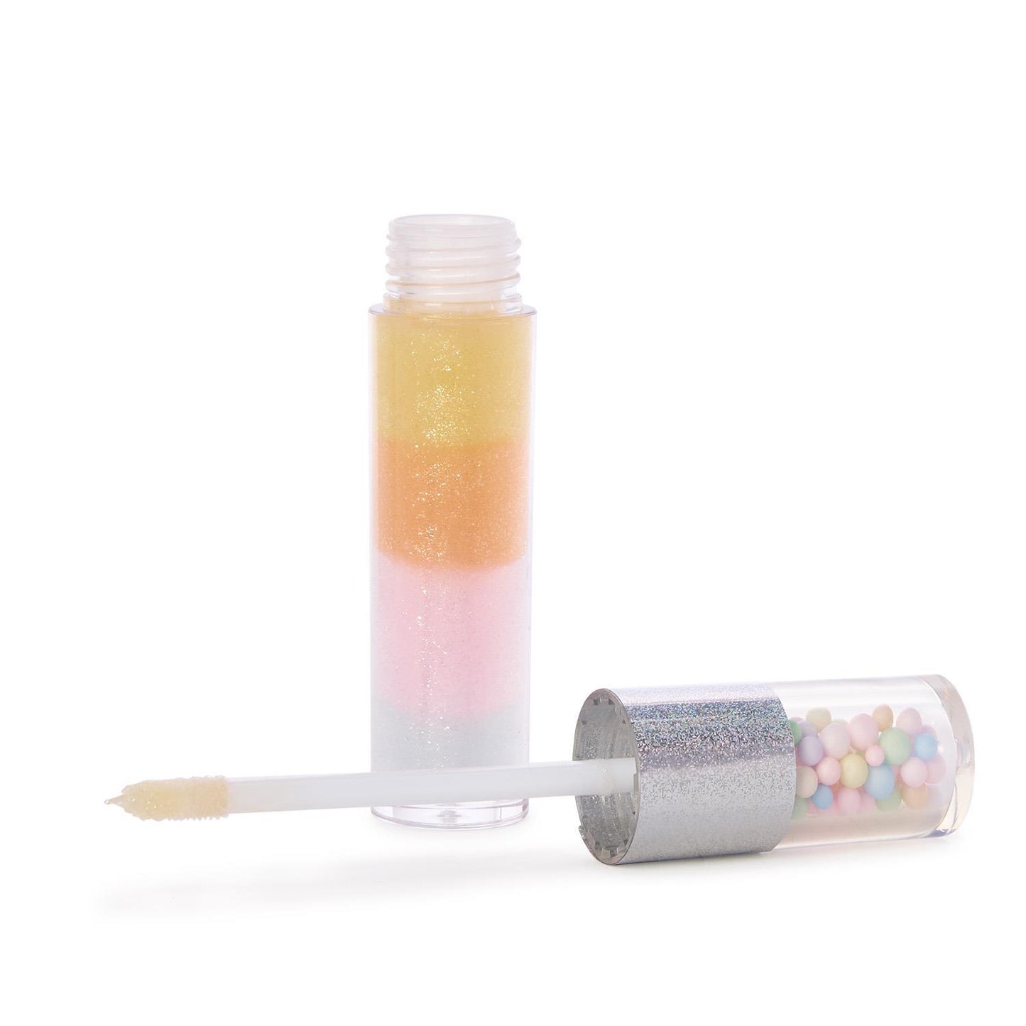 Multicolor Tutti Frutti lip gloss by Twos Company with shiny, vibrant gloss in a clear tube showing bright, fruity shades.