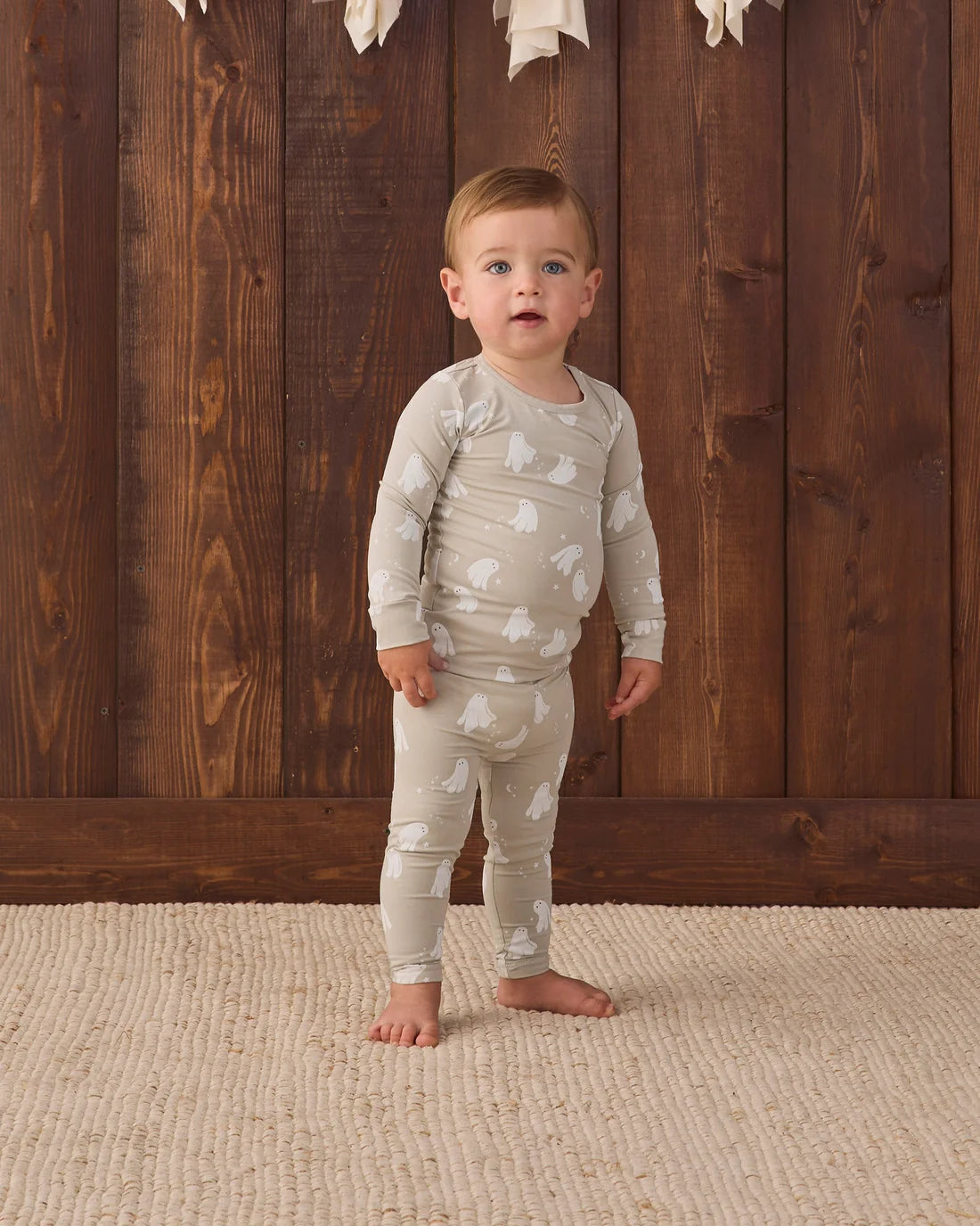 Quincy Mae Dancing Ghost bamboo pajama set featuring a ghost design on soft, comfortable fabric for kids' sleepwear.