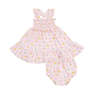 Angel Dear - Floral Check Smocked Ruffle Dress & Diaper Cover