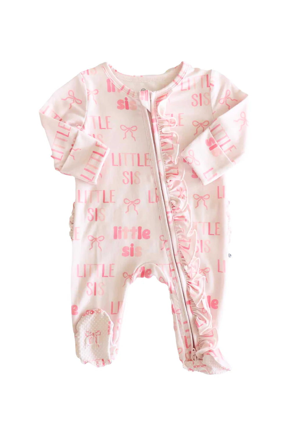 Caden Lane Little Sis Ruffle Zipper Footie with ruffled collar and zipper closure, soft fabric for baby girl comfort.