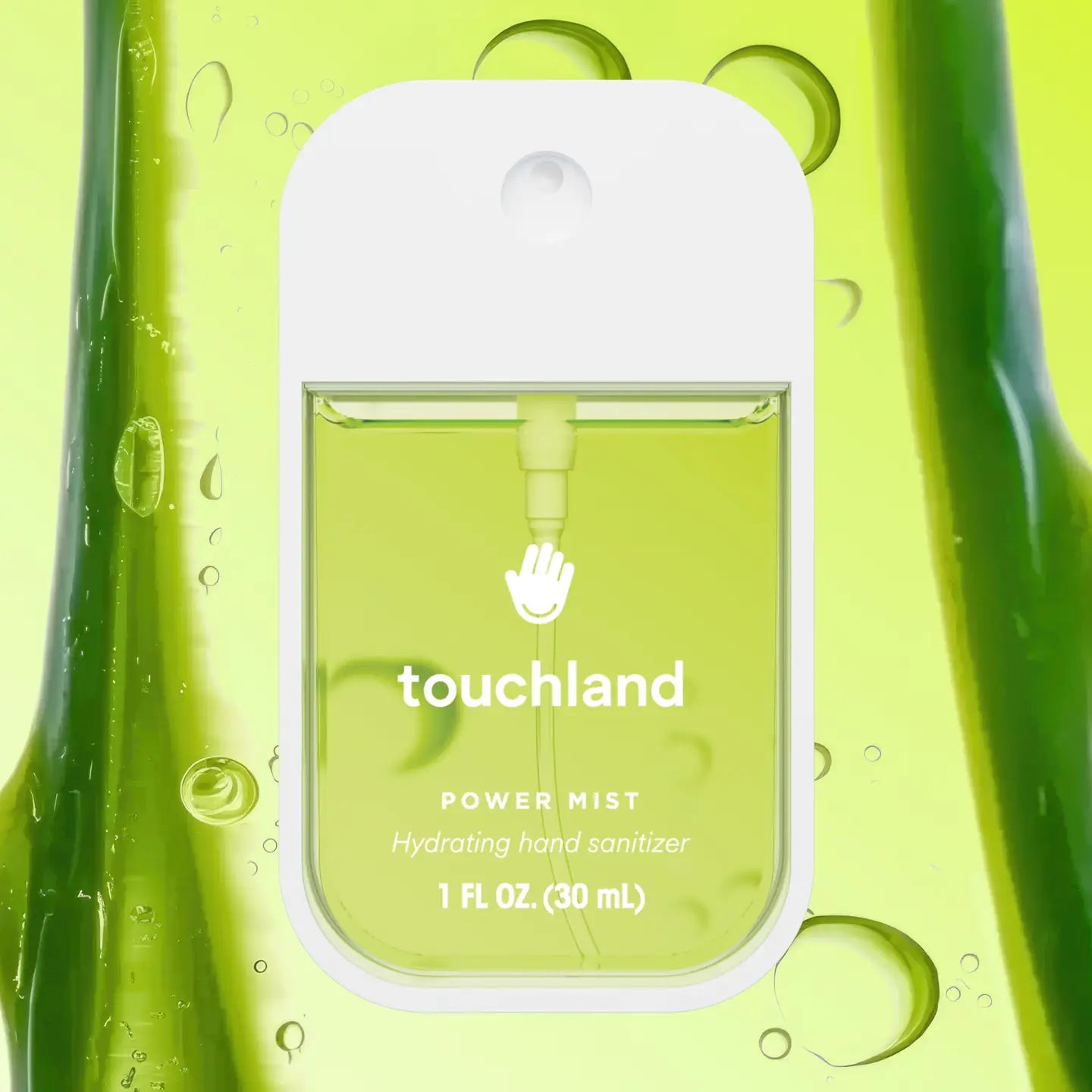 Touchland Powermists hand sanitizer spray bottle with sleek design and clear label, showcasing portable disinfectant for on-the-go use.