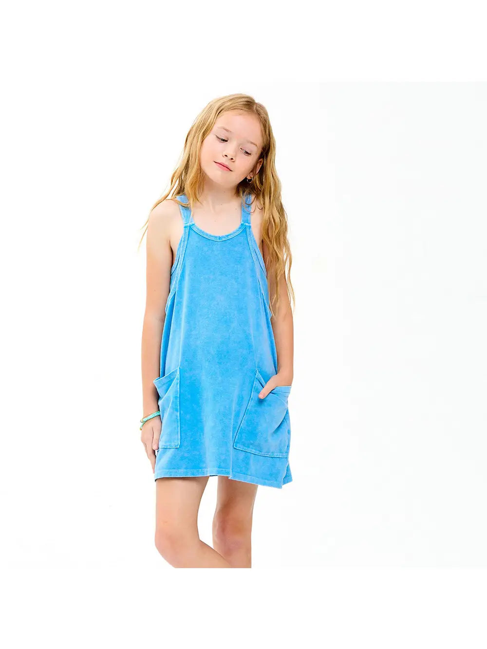 Denim Blue Mineral Washed Dress with built-in romper lining, stylish and casual by Good Girl, displayed on a hanger.