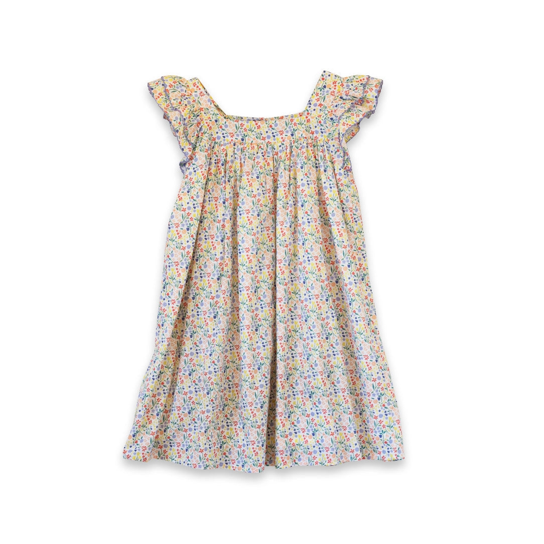 Yellow petal confetti girls' Everly square neck dress by Beet World, featuring a charming youthful design and square neckline.