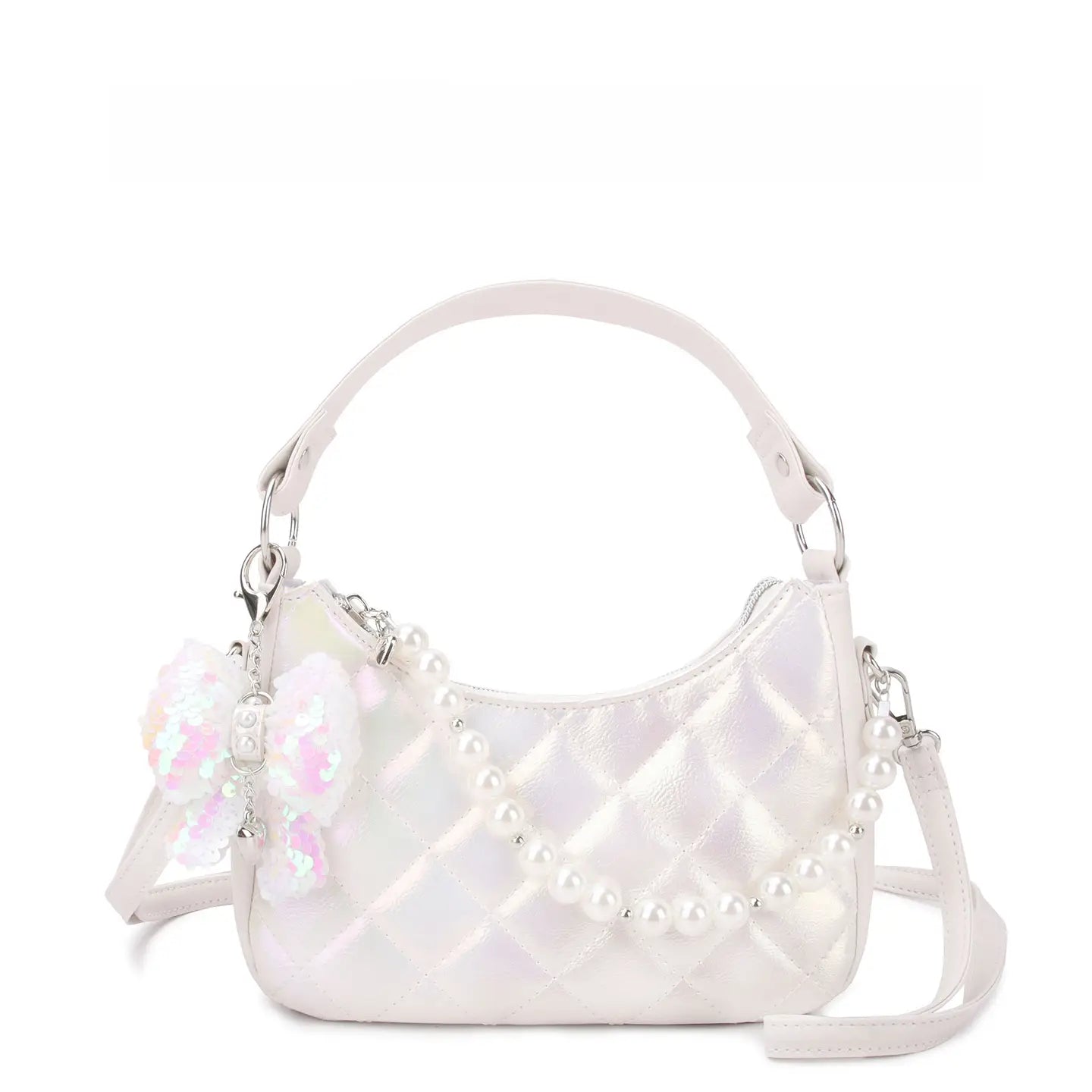 Metallic quilted hobo crossbody bag with pearl chain from OMG Accessories, featuring shiny silver finish and stylish design.