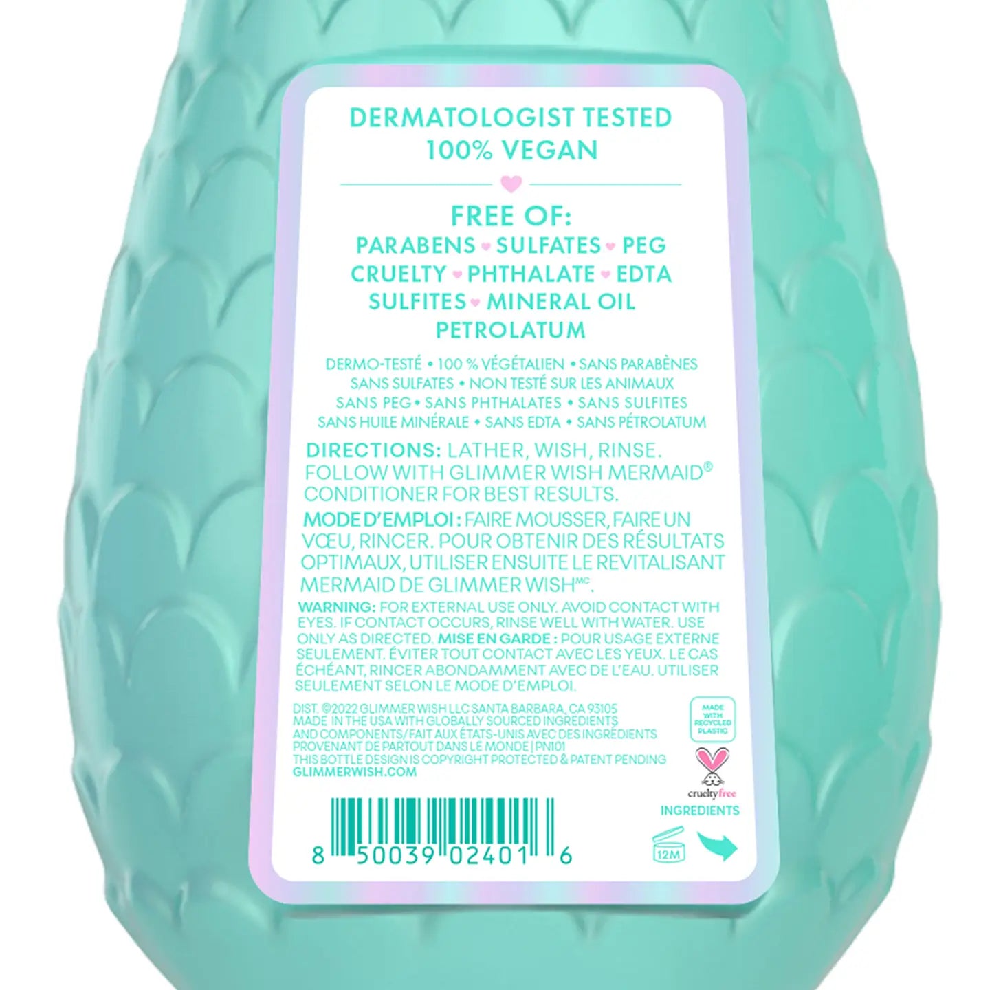 Glimmer Wish Mermaid Kids Shampoo from Sweet E's Children's Boutique, paraben and sulfate-free, showing the colorful bottle with mermaid design.