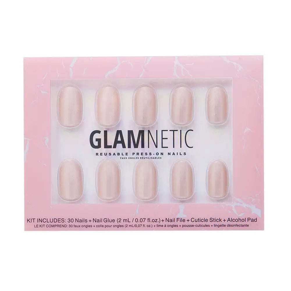 Glamnetic Pure Intentions iridescent press-on nails with a shiny, reflective finish, displayed on a neutral background.