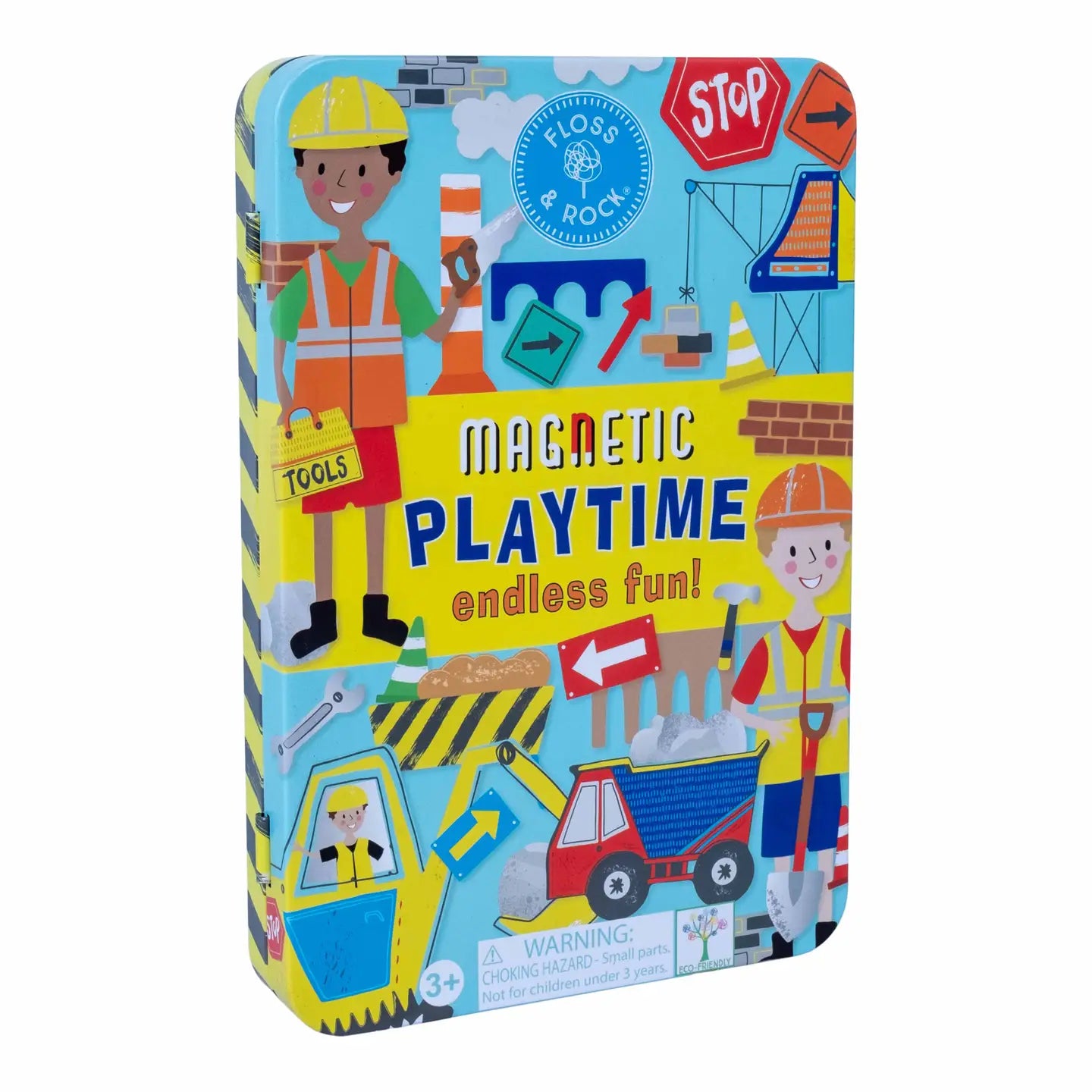 Construction magnetic playset by Floss & Rock featuring colorful magnetic pieces and construction-themed accessories for creative play.