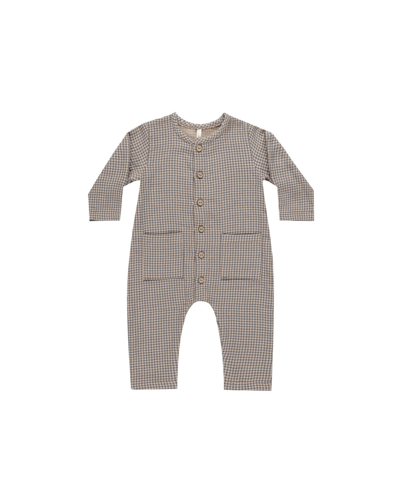 Quincy Mae - Indigo Gingham Pocketed Woven Jumpsuit