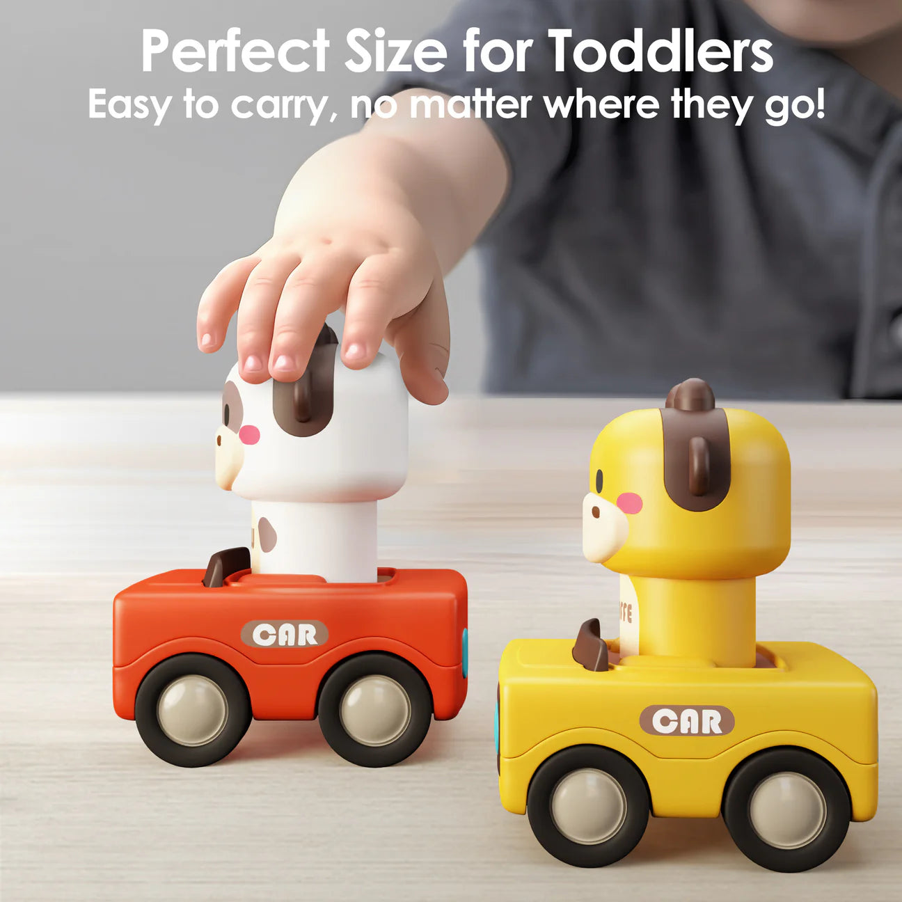 Press and go animal car toy by iplayilearn featuring colorful animal designs and a compact, portable shape for kids' play.