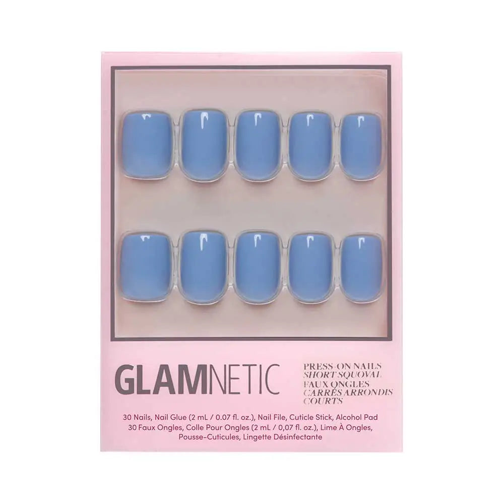 Glamnetic cashmere blue press-on nails with a sleek, smooth finish and elegant design, perfect for stylish, easy-to-wear manicures