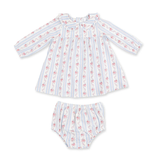 Angel Dear Anna Floral Stripe Dress Set for girls, featuring a colorful floral and stripe pattern on a soft fabric.