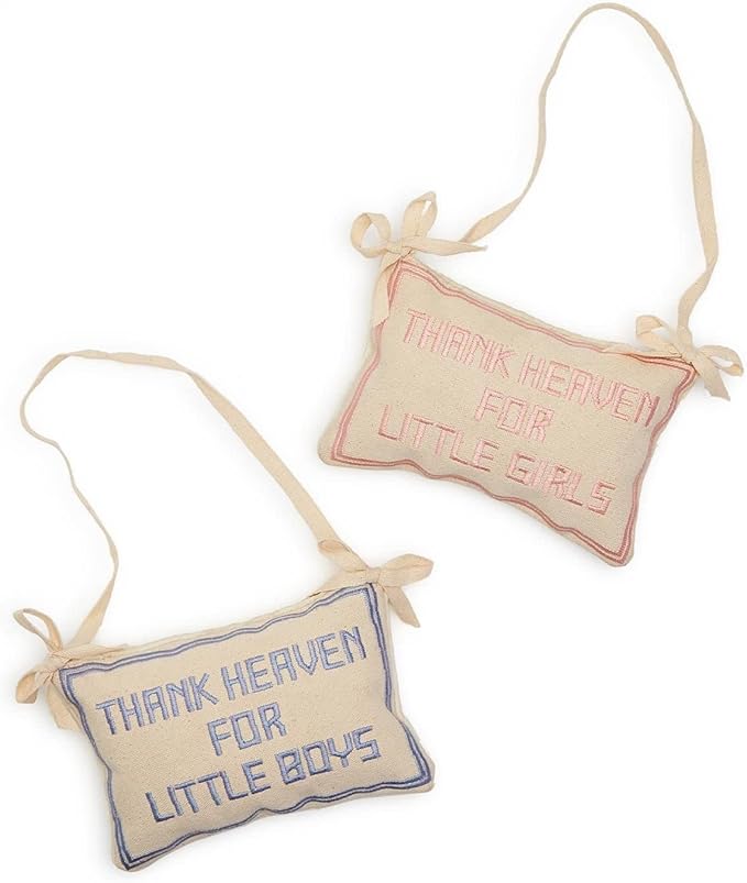 Thank Heaven embroidered pillow door hanger featuring floral embroidery and a decorative ribbon, perfect for children's room decor