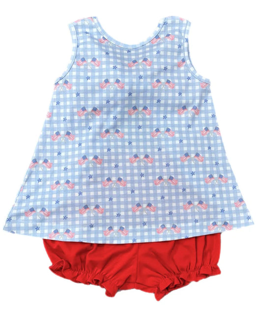 Patriotic gingham knit Lottie bloomer set for babies by James & Lottie, featuring red, white, and blue checked fabric with elastic waist.