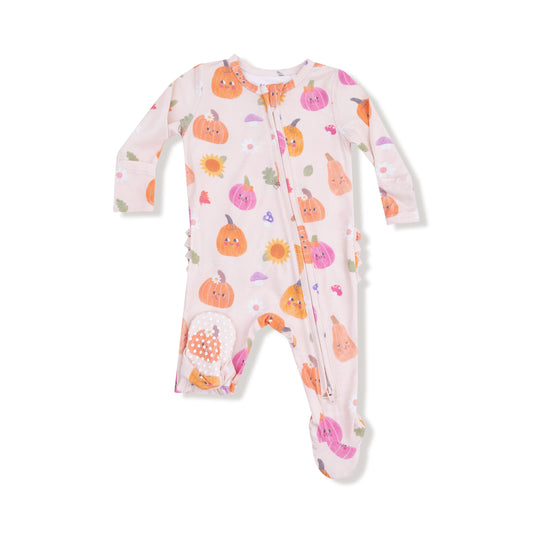 Pink Autumn Pumpkins Ruffle Back Footie