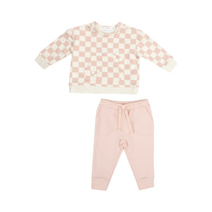 Angel Dear - Pink Checkerboard Sweatshirt + Jogger Set