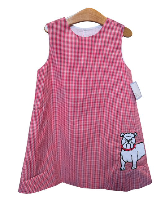 Red and white mini gingham bulldog dress by Remember Nguyen, featuring a stylish sleeveless design with a bow detail.