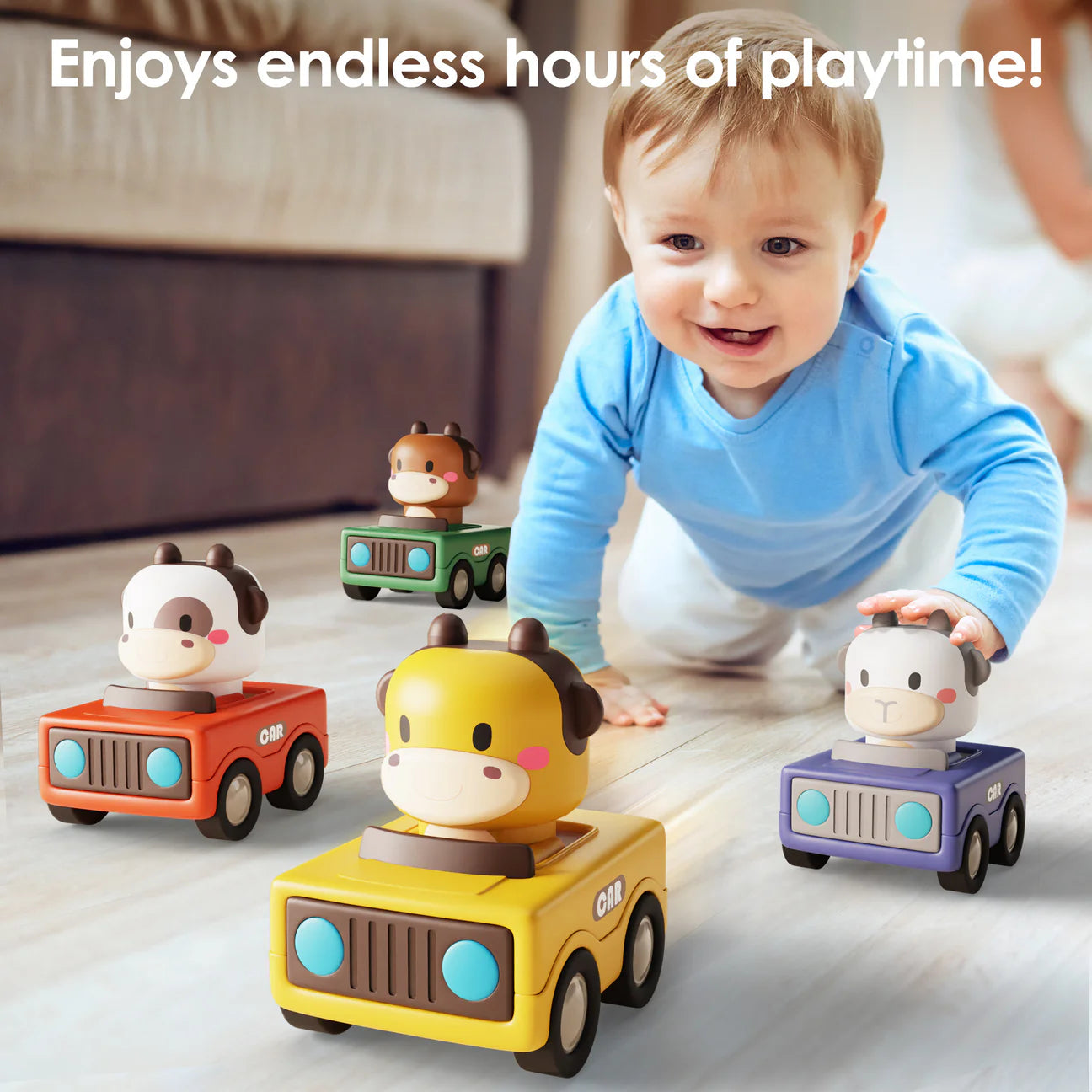 Press and Go Animal Car Toy by iplayilearn featuring colorful animal designs on a small, durable plastic vehicle for kids.