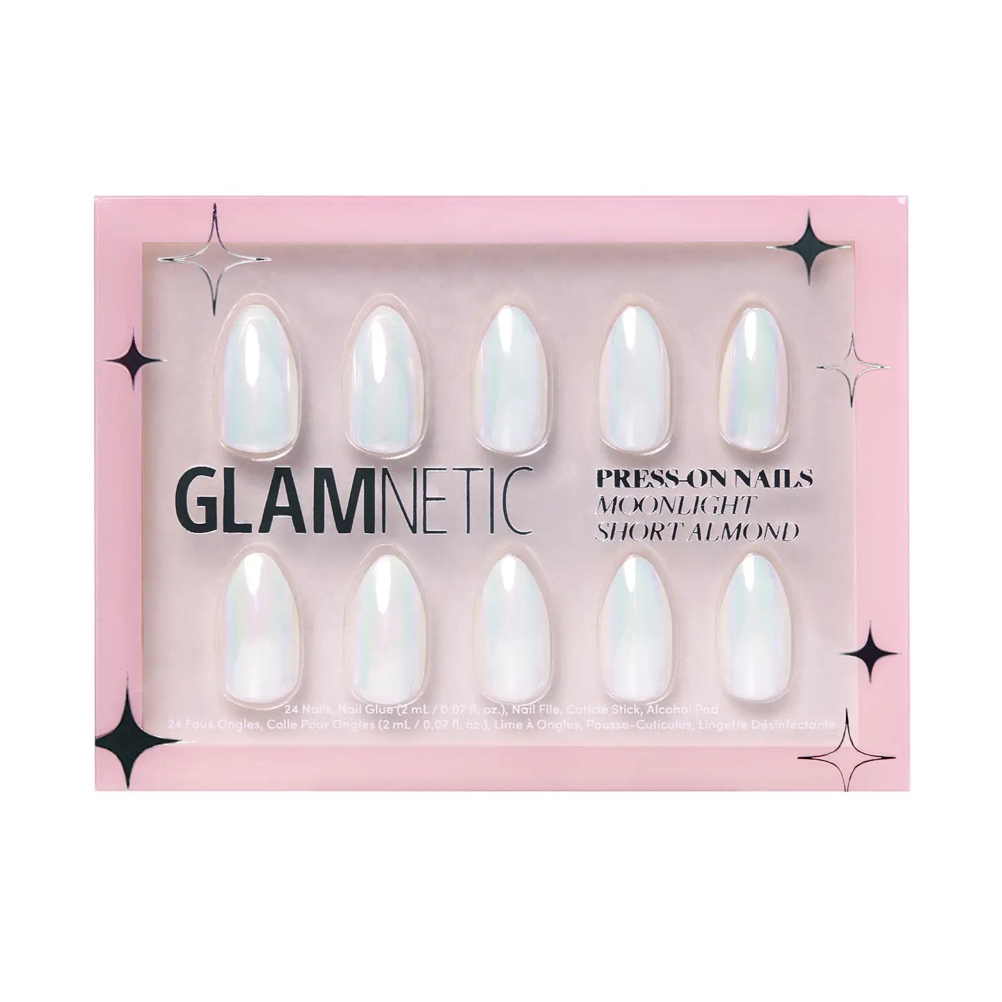 Glamnetic pearlescent white moonlight press-on nails with a shiny, iridescent finish displayed on a neutral background.