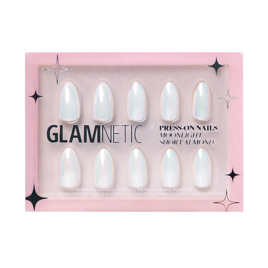Glamnetic pearlescent white moonlight press-on nails with a shiny, iridescent finish displayed on a neutral background.
