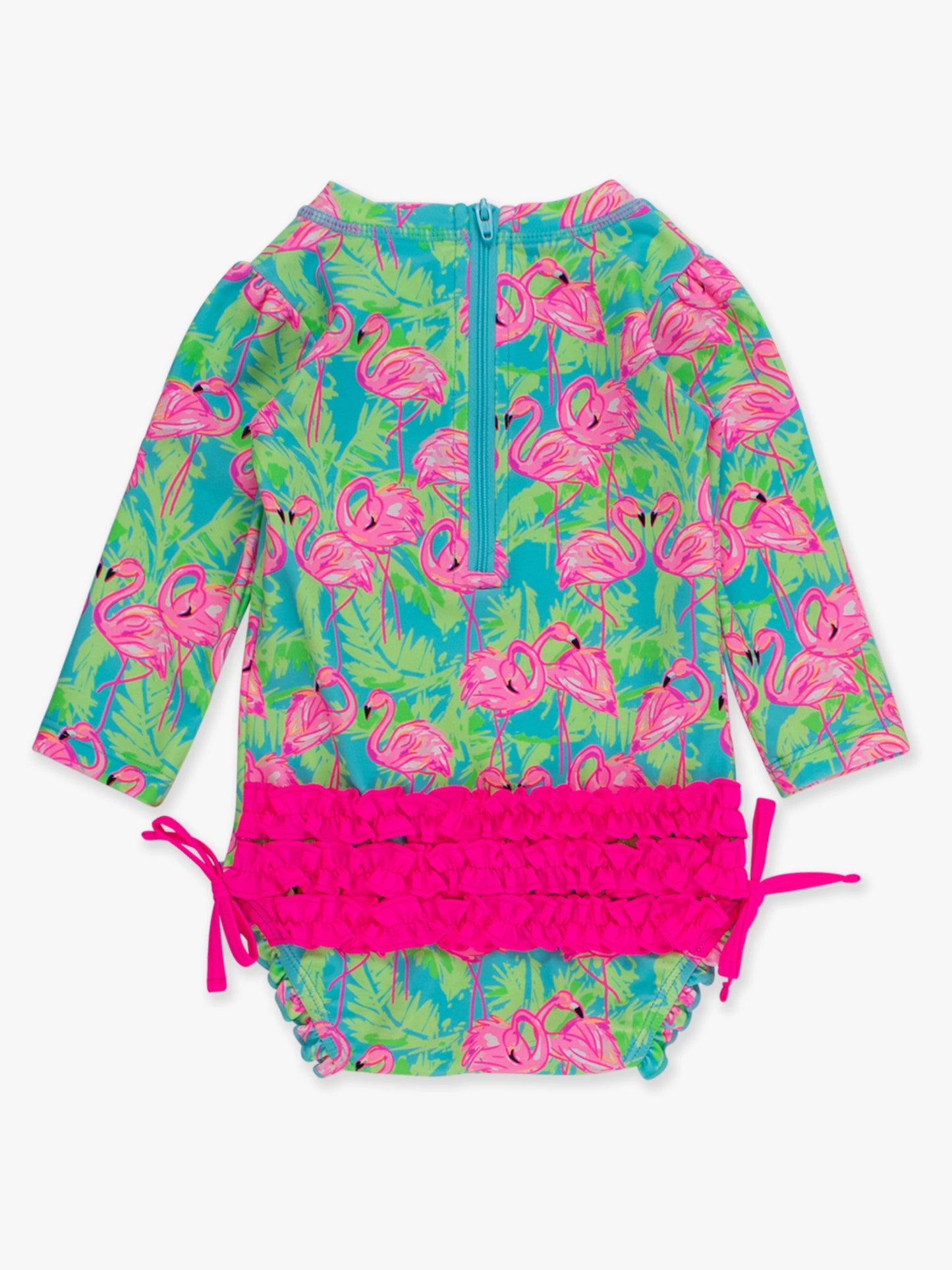 Neon Flamingo Fun Long Sleeve One Piece Rash Guard Swimsuit