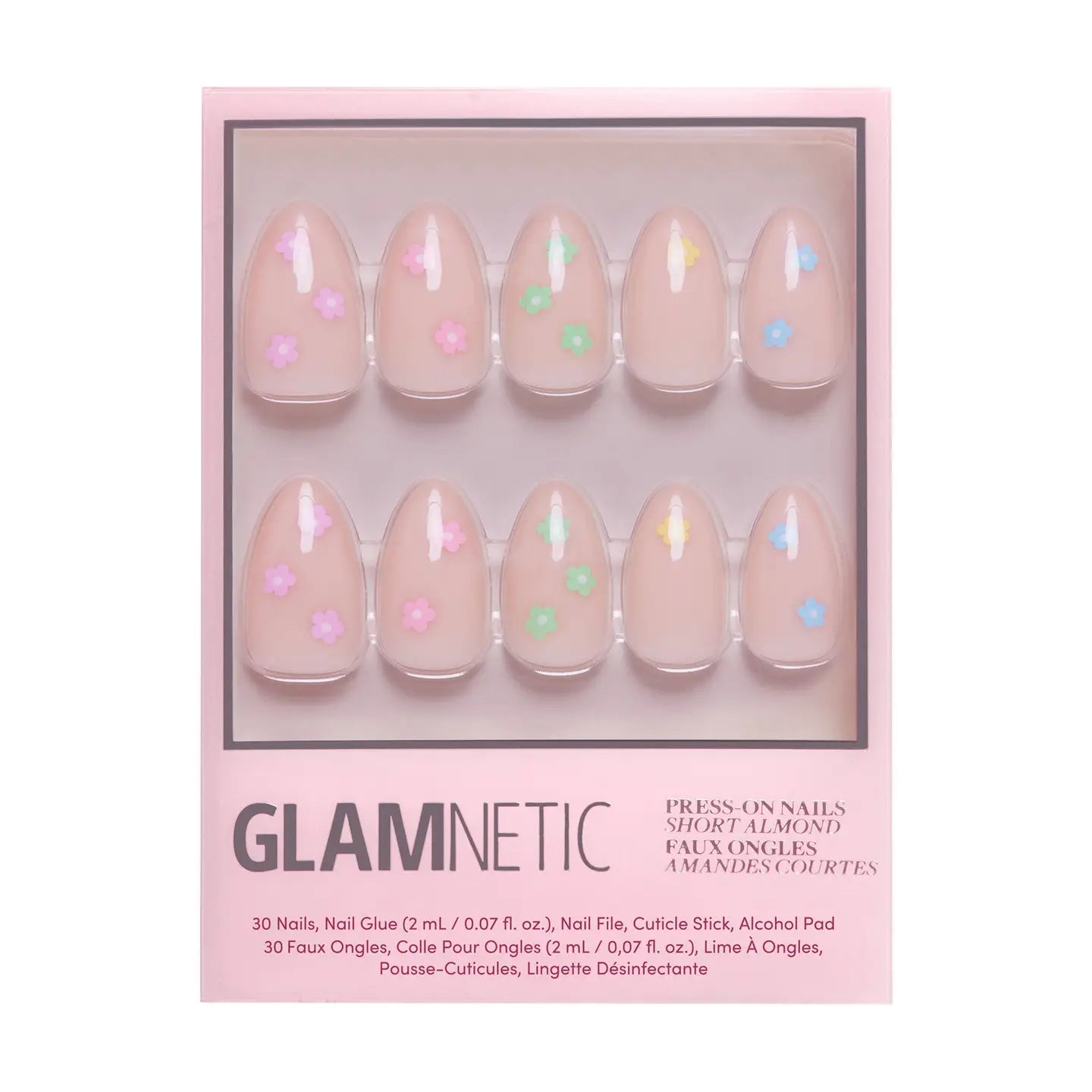 Glamnetic Full Bloom press-on nails with vibrant floral design, showcasing six beautifully decorated nail tips on a white background.