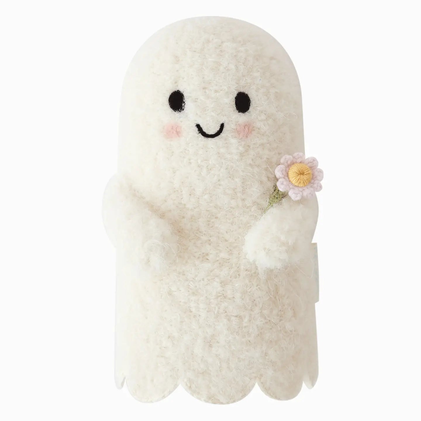 Ivory baby ghost plush toy with a colorful flower, cuddly and soft from cuddle + kind, perfect for gentle cuddles and nursery decor.