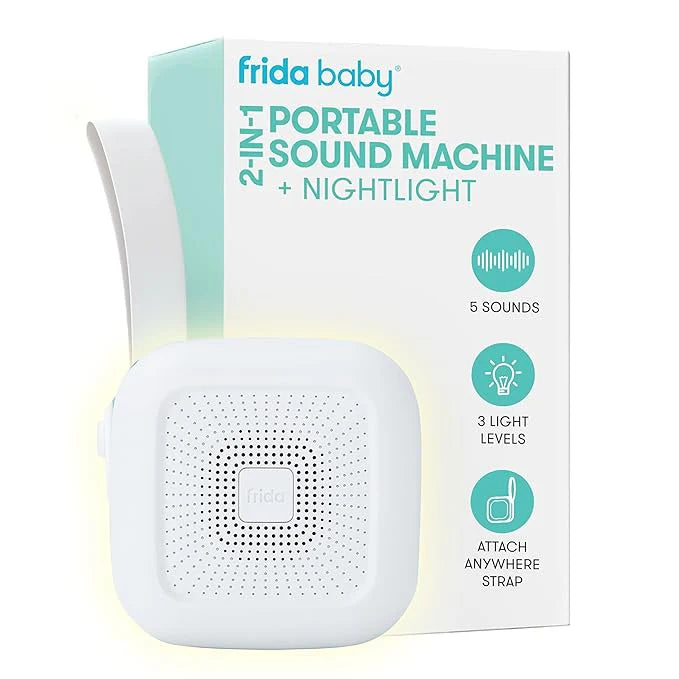 Frida 2-in-1 portable sound machine and nightlight showing a compact device with soothing sound controls and soft glowing light