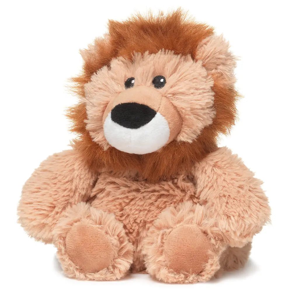 Warmies Lion Junior plush toy with soft fabric and detailed lion face, designed for cuddling and warmth.