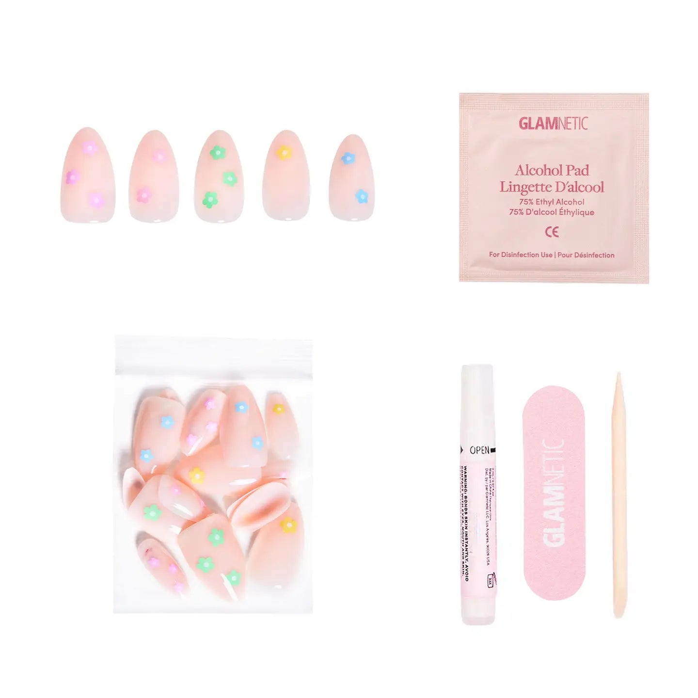 Glamnetic Full Bloom press-on nails with colorful floral design and natural shape, perfect for quick, stylish manicures.