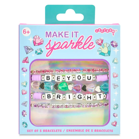 Colorful Make It Sparkle bracelet set by Iscream featuring glittery beaded and charm bracelets on a display card.