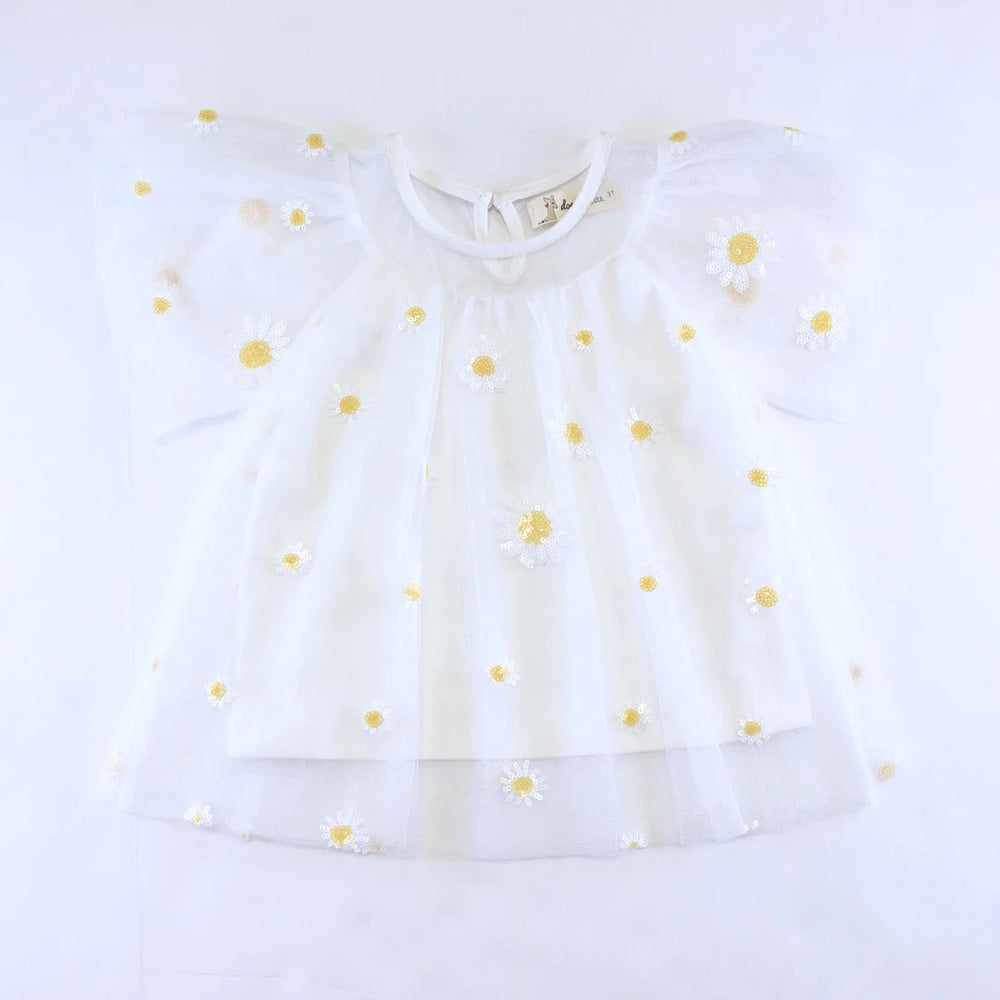 doe a dear - Sequin Floral Mesh Top White