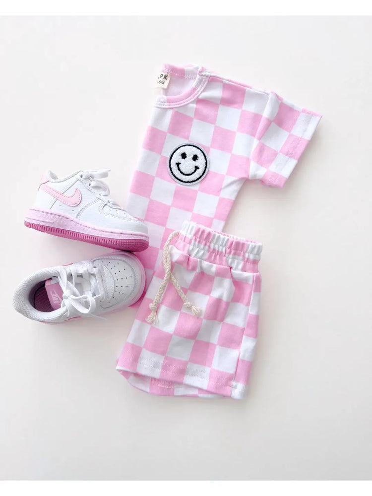 Lucky Panda - Pink Checkered Short Set