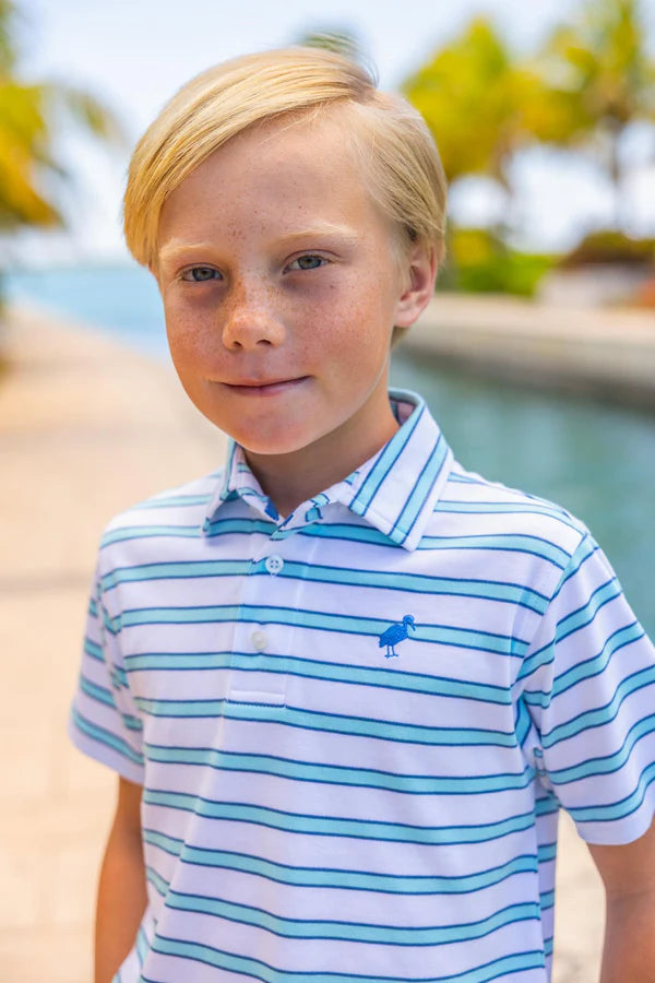 White and blue striped Prim and Proper Polo shirt by The Beaufort Bonnet Company, featuring classic design and comfortable fit.