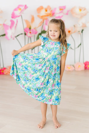 Mila & Rose - Watercolor Butterflies Flutter Sleeve Twirl Dress