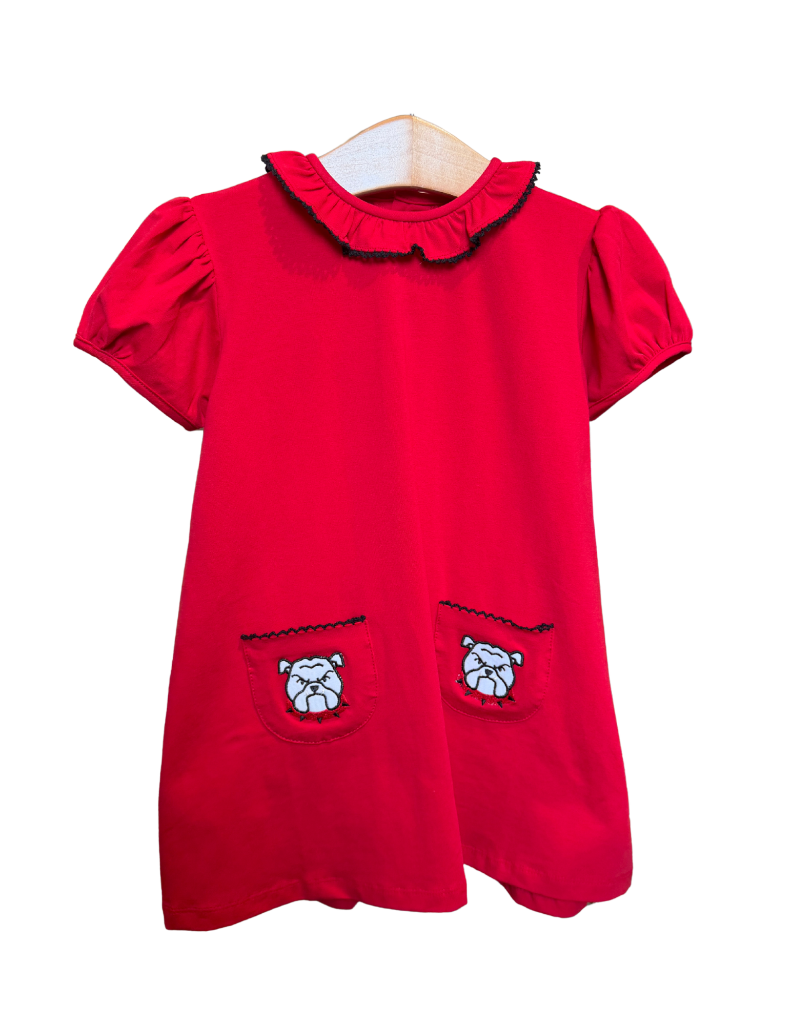 Red Bulldog Pocket Dress by Remember Nguyen featuring a vibrant red fabric with playful bulldog pocket detail.